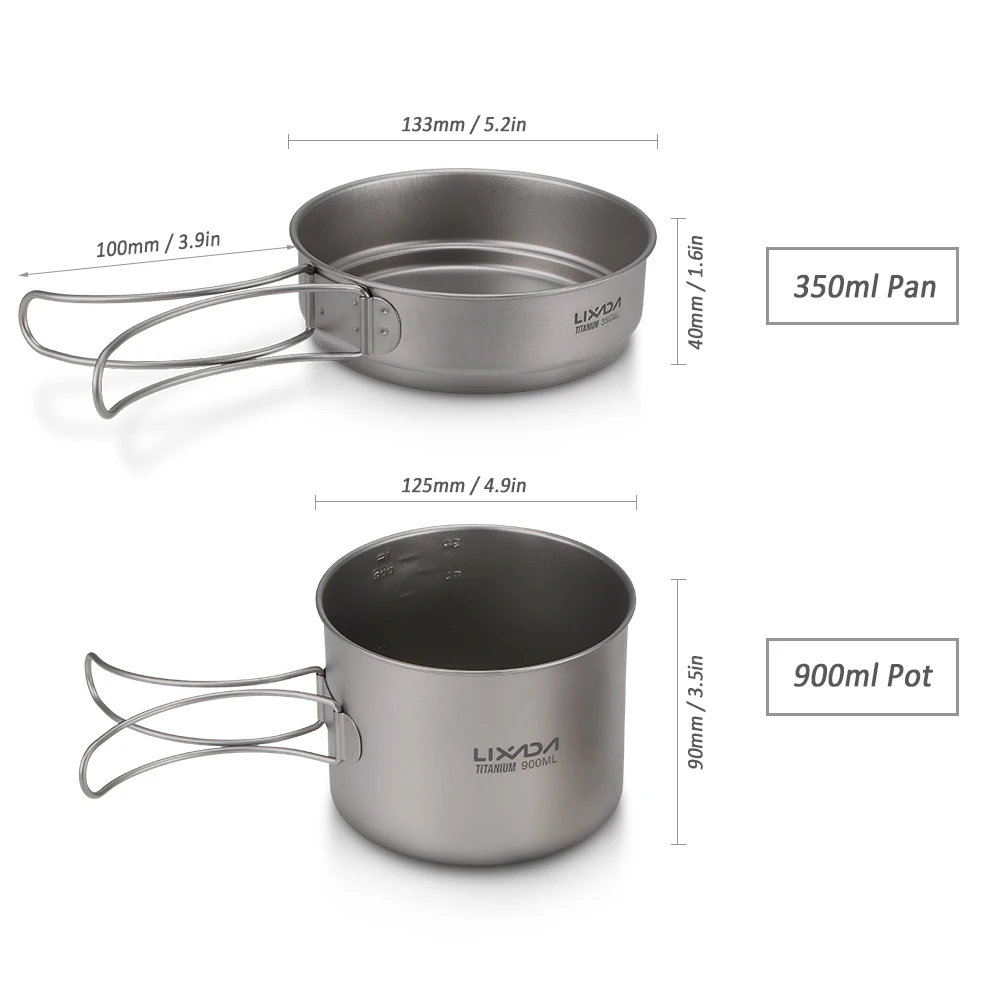 

Lixada Ultralight Titanium 900/1100ml Pot and 350ml Fry Pan Cookset Outdoor Camping Picnic Cookware Set with Folding Handles