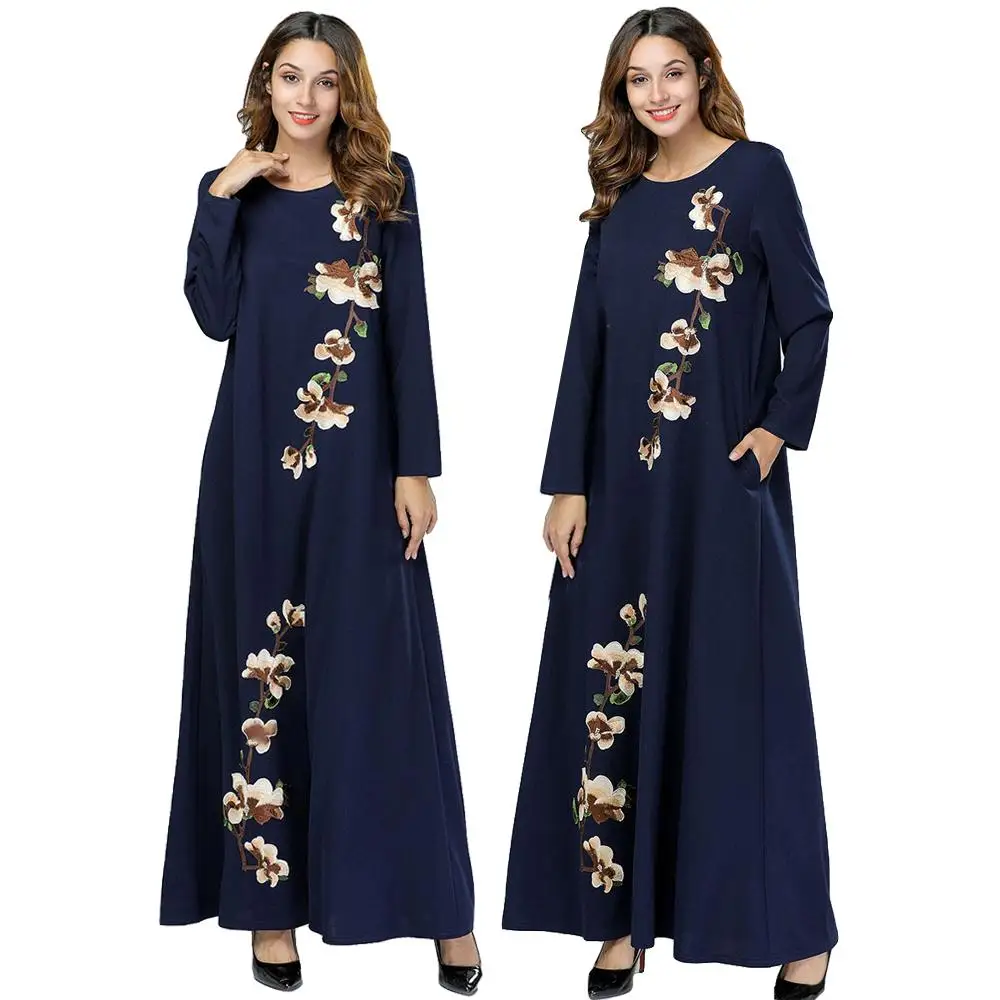 Женское длинное платье с вышивкой Abaya мусульманское макси весеннее длинным