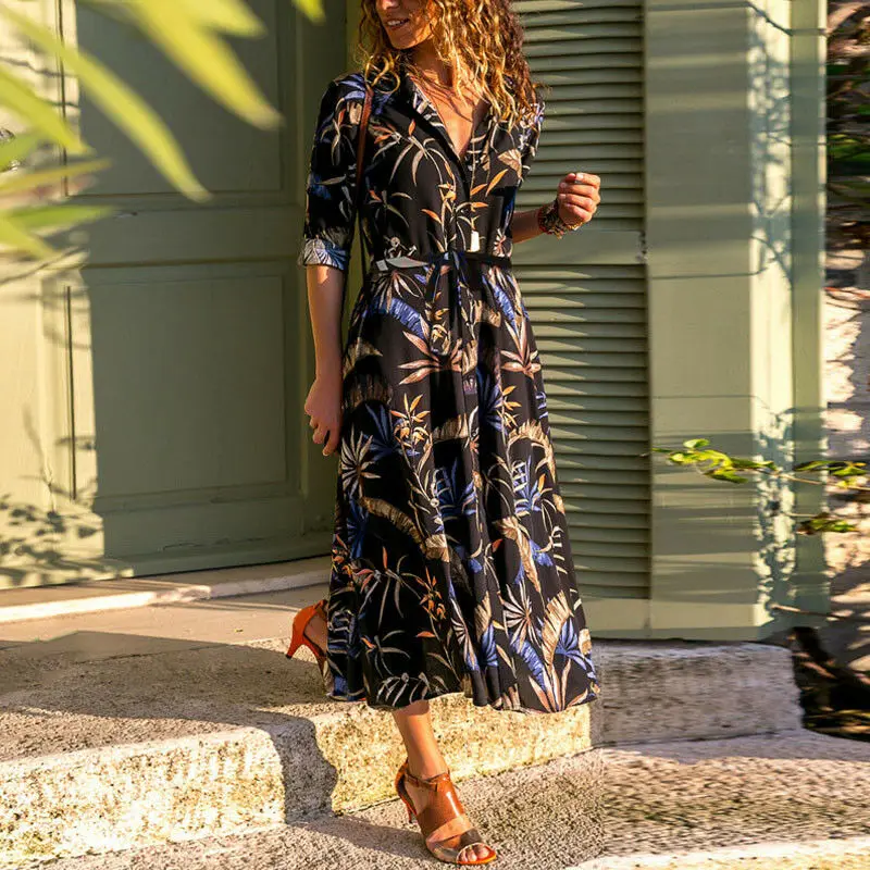 Summer Printing Floral Long Dress Women Sleeve Flower Boho Maxi Dresses Ladies Skater Casual Beach Party Shirt | Женская одежда