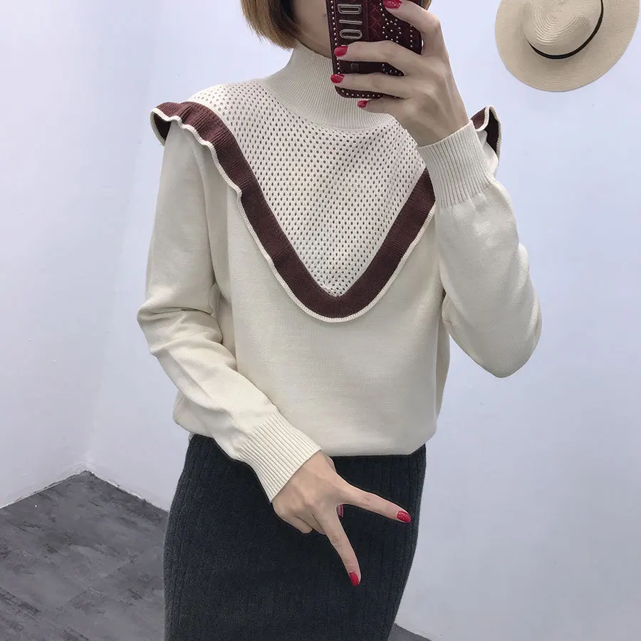 Turtleneck Sweater Woman Fashion 2019 Spring Sweet Mesh Hollow Ruffle Color Block Sweaters Basic Knitted Tops White Blue Apricot | Женская