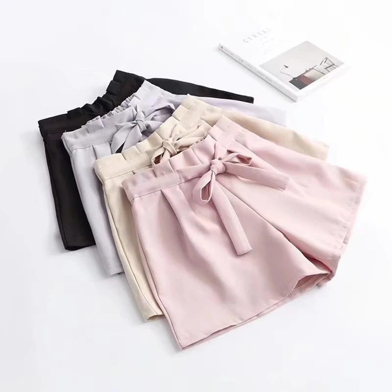 High waist shorts for women Summer bow lace up elastic women's black casual wide leg panties female | Женская одежда