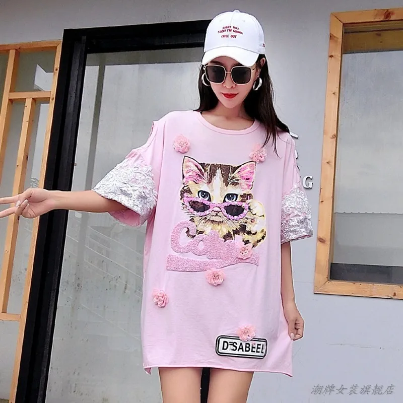 QING MO Cat Футболка с принтом платье для женщин 2019 лето открытыми плечами девочек