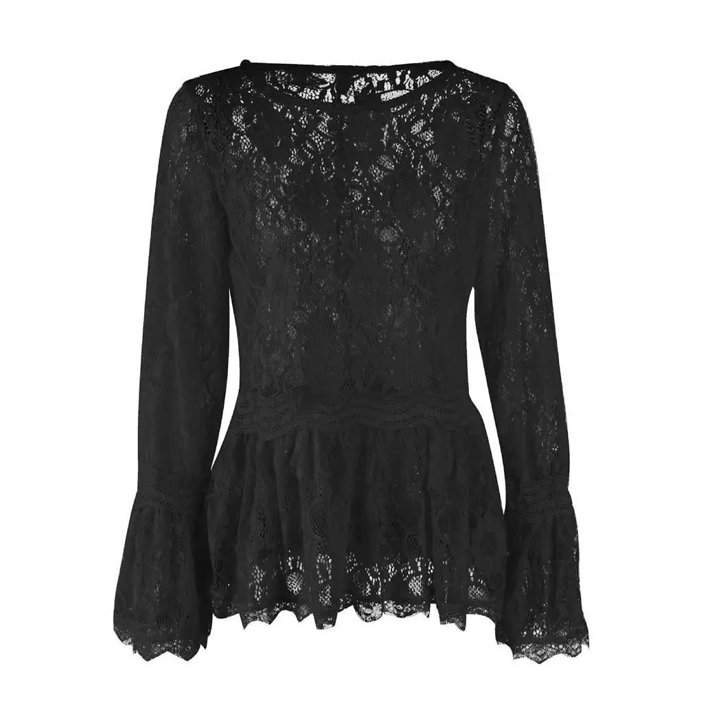 Women Casual Long Sleeve Floral O-neck Loose Pleated Pullover Lace Regular Summer Autumn Spring Tops |