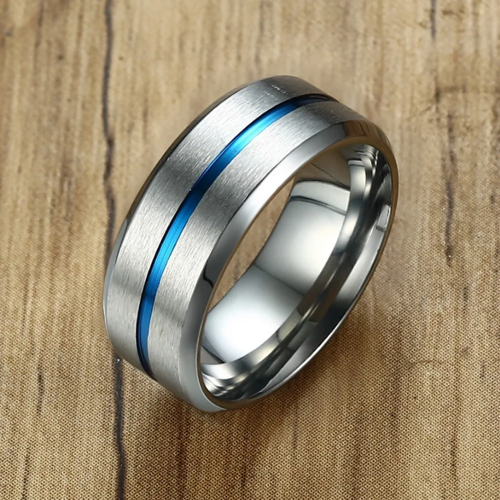 Мужское кольцо из нержавеющей стали с тонкой синей линией 8 мм|wedding band|wedding band ringmen