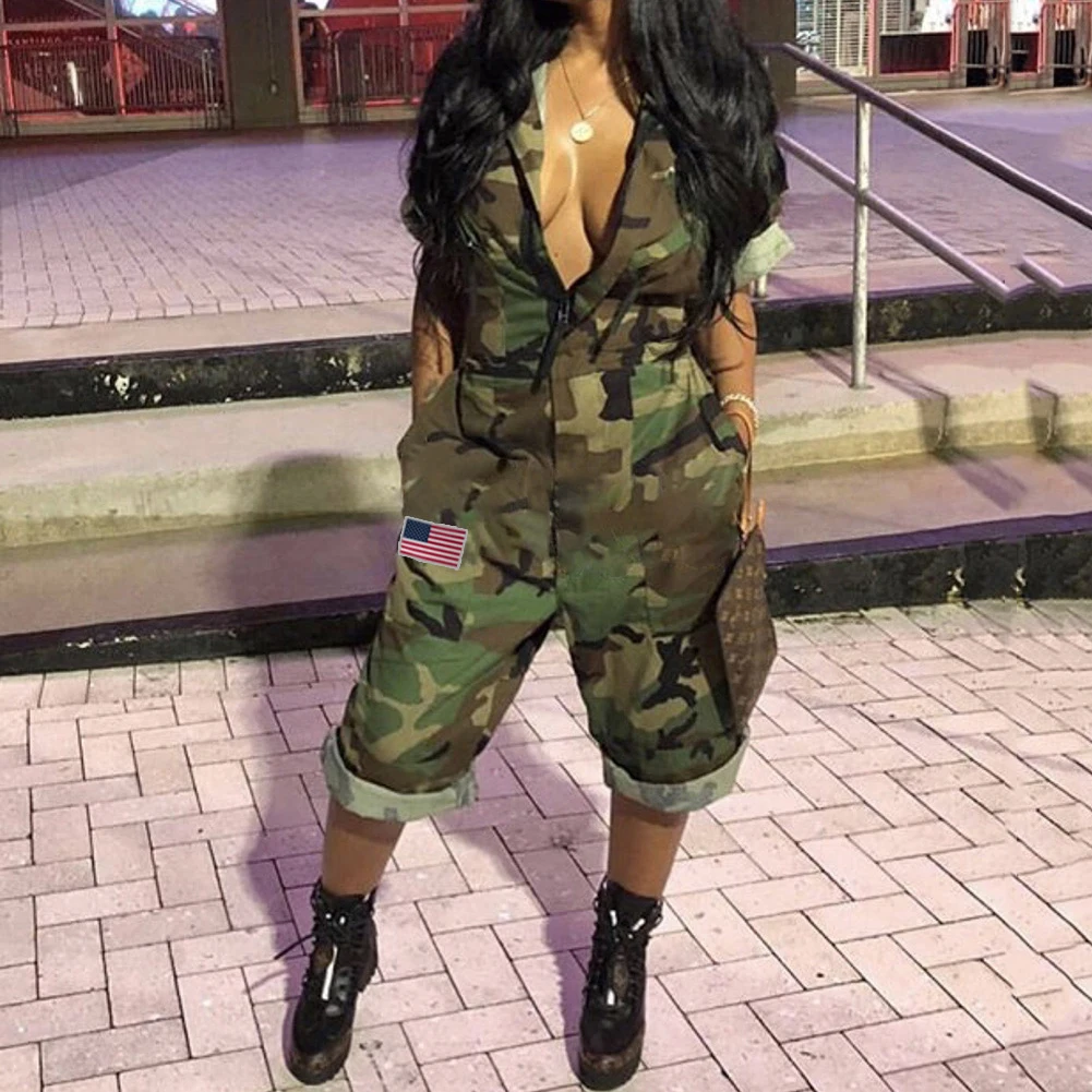 Women Short Sleeves Camouflage Print American Flag Casual Mid Short Camouflage Jumpsuits Size Plus Fashion 2022 New Spring