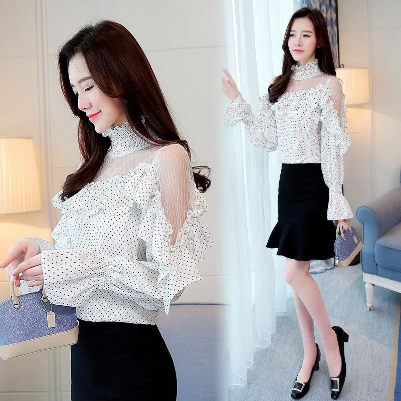 2019 spring female OL loose Ruffle Wave point shirt women's fashion net yarn splicing horn sleeve strapless Chiffon blouse | Женская
