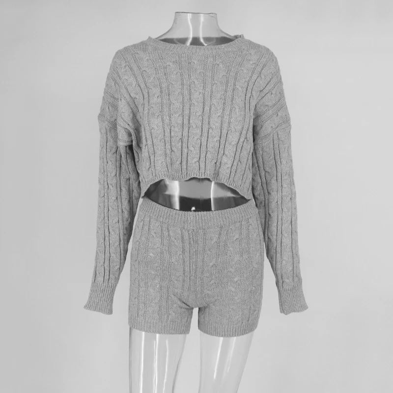 Santune Gray Women Lady Clubwear Long Sleeve 2 Piece Set O Neck Crop Top +short Pant Bodycon Knitted Sexy Suit Pcs | Женская одежда