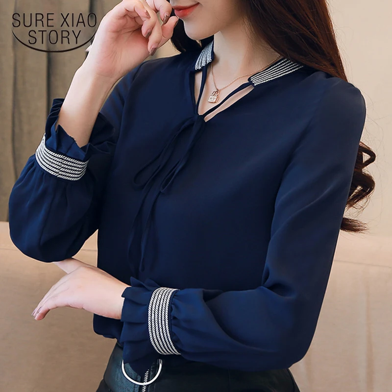 2018 Осенняя Новая модная женская шифоновая блузка с v-образным вырезом и цветами