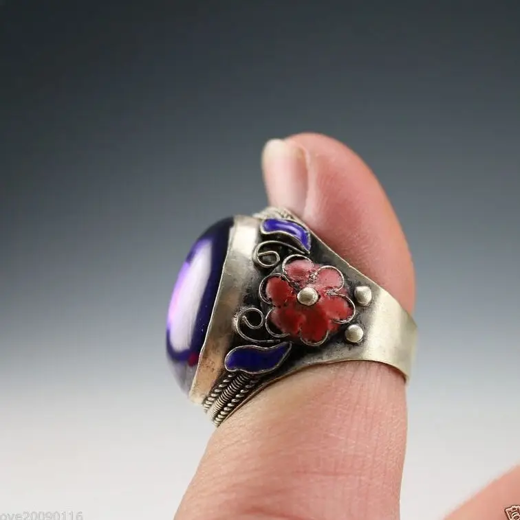 Chinese Handwork inlay purple Zircon Cloisonne silver Red Flower Adjust Ring | Дом и сад