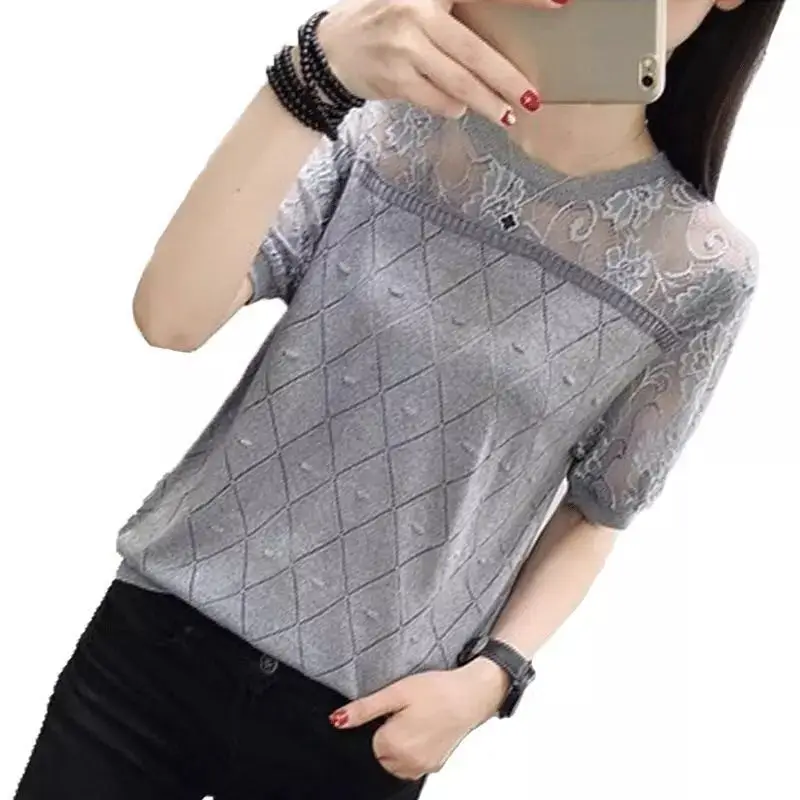 Женский облегающий свитер с круглым вырезом кружевной вязаный пуловер короткими