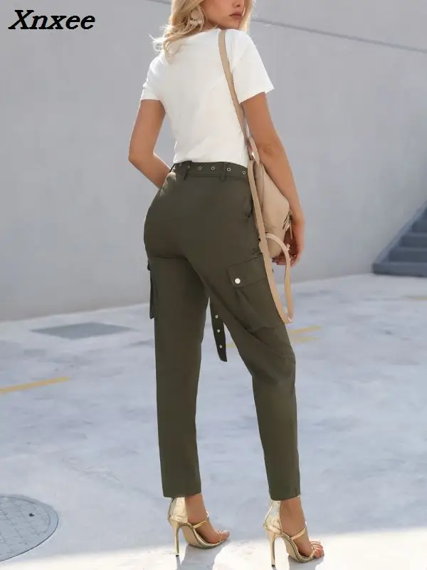 

2018 New Fashion Women Military Casual Pants Waist Belted Eyelet Pocket Design Leisure Pants Xnxee