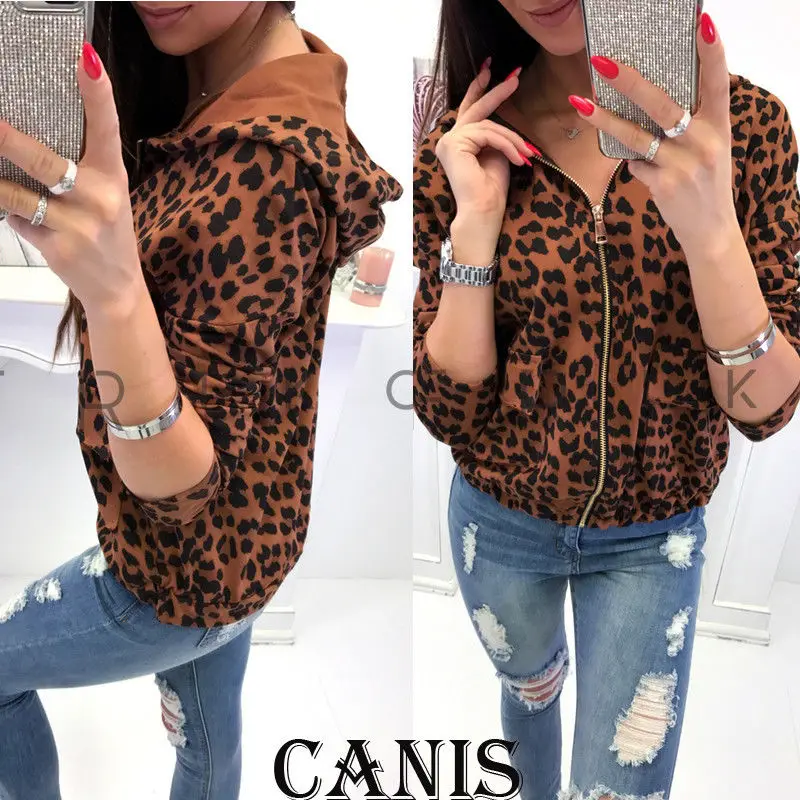 

Jackets 2018 New Brand Women Long Sleeve Leopard Print Top Autumn Zippers Slim Fit Hooded Casual Coat Jacket