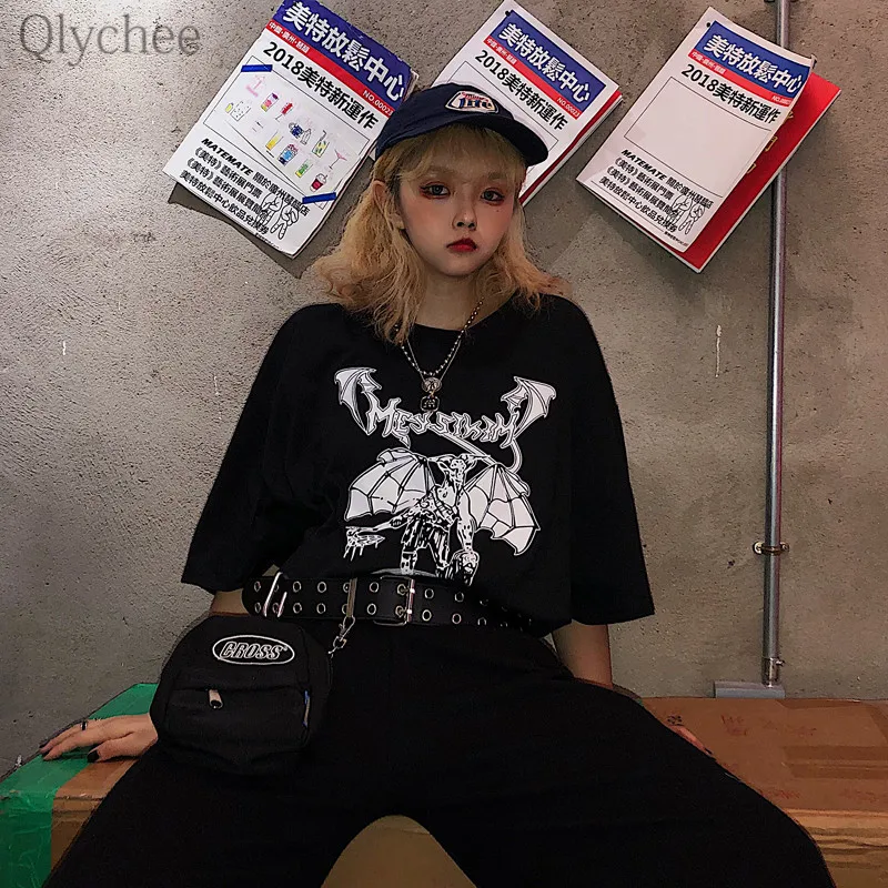 Qlychee Harajuku дьявол звезда печатных Женская футболка повседневные свободные