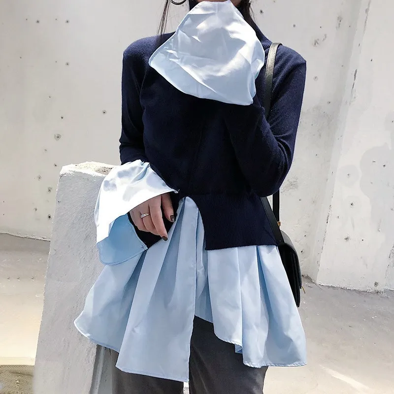 TWOTWINSTYLE Irregular Flare Sleeve Pullover Top Female Turtleneck Patchwork Knitting Sweater Women Korean Fashion 2019 Autumn | Женская