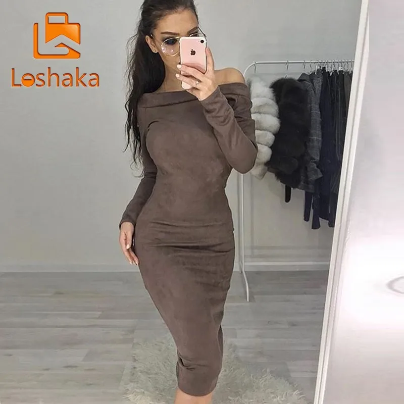 Loshaka/Замшевые женские платья до середины икры с длинным рукавом и открытыми