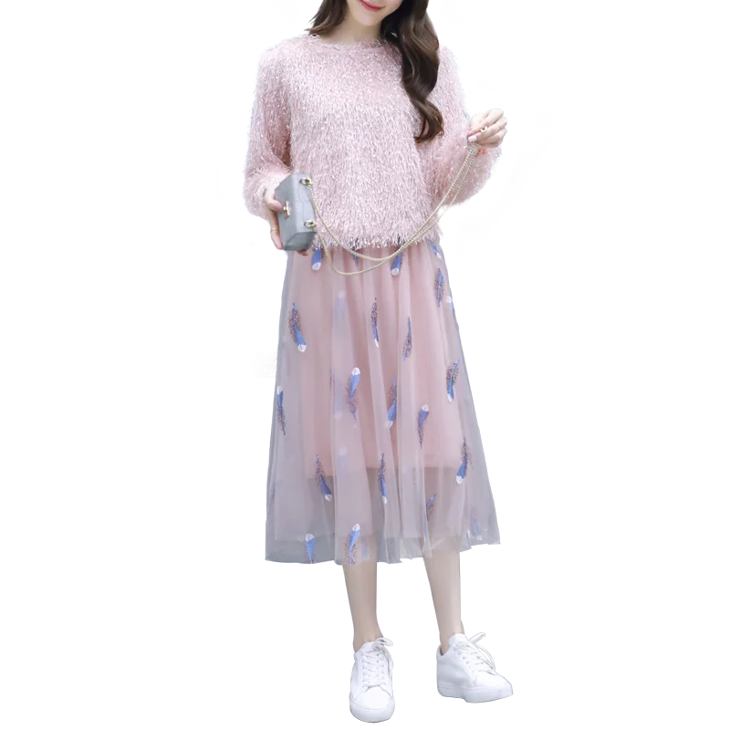 

New Women Knit Suit Korean Fashion Loose Sweater Top & Mesh Embroidery Skirts Two Piece Clothings Set Lady Vogue Suits S-XXL
