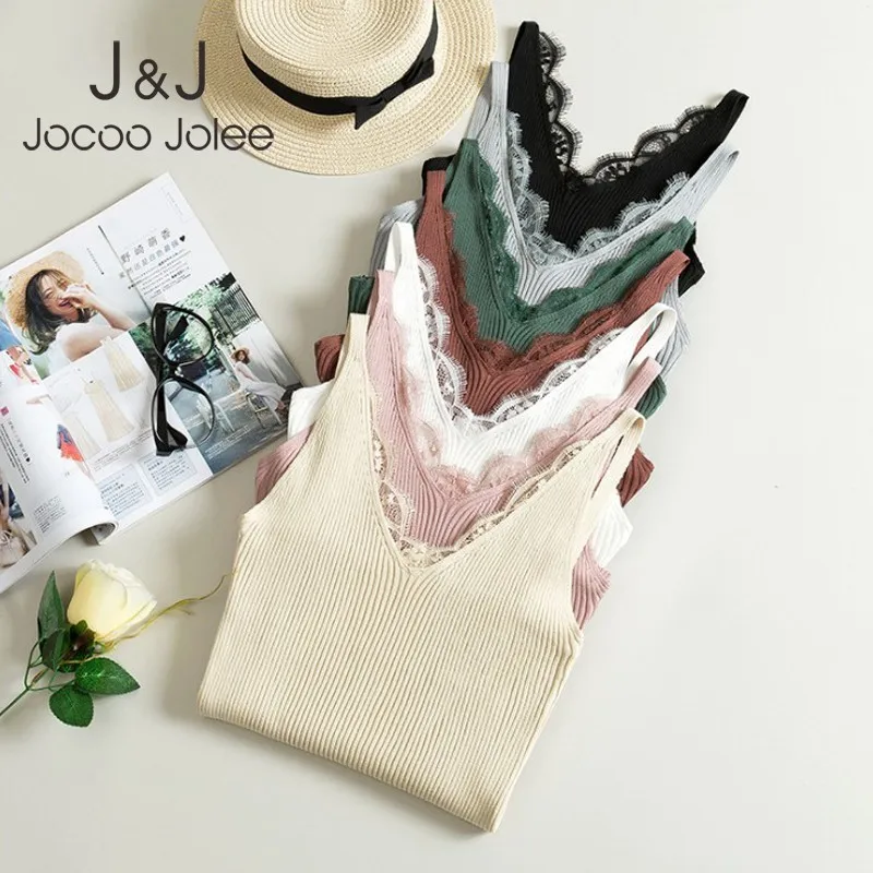 

Jocoo Jolee Elegant Sweet Flower Lace V Neck Camis Women Sexy Knitted Vests Tops Female Solid Slim High Elastic Tanks