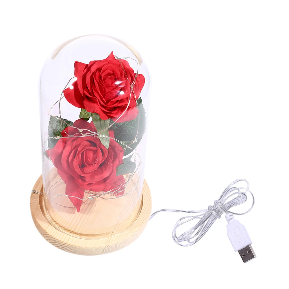LED Beauty And The Beast красная роза со стеклянным покрытием на деревянной базе батарейках