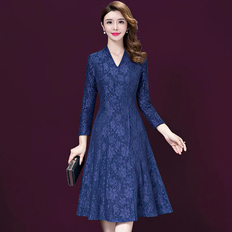 

New Spring Summer Elegant Lace Dresses Women Vintage V-neck Long Sleeve Knee-Length Party Dress Vestido Plus Size 5XL