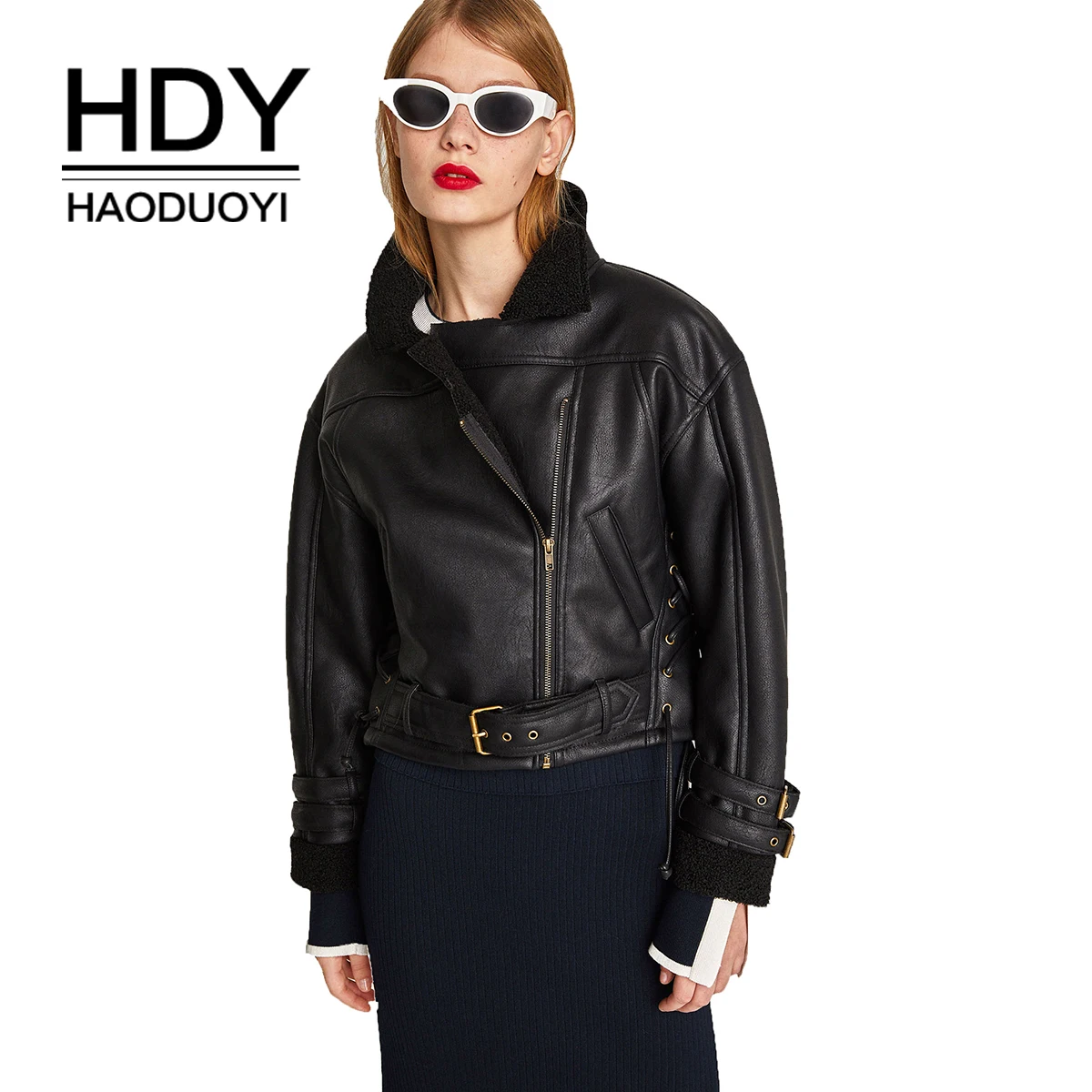 Куртка с отворотом HDY Haoduoyi манжеты из искусственного меха для завивки|Женские