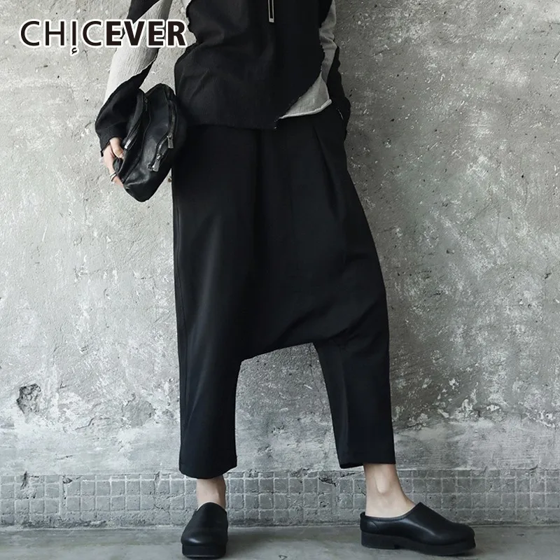 CHICEVER/осенние женские брюки эластичные свободные черные трикотажные с высокой