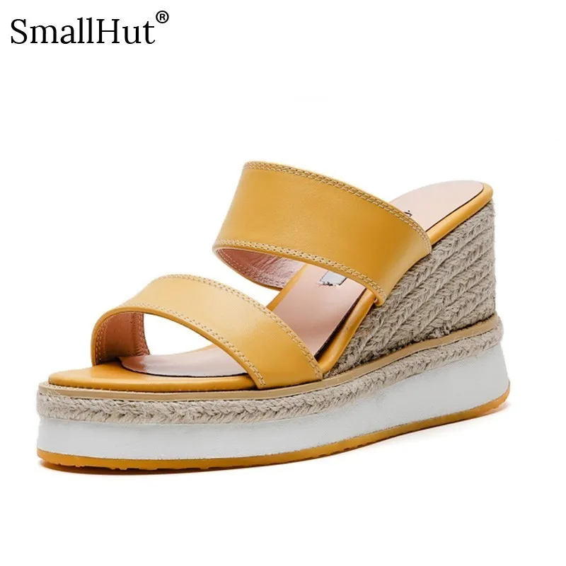 Women Wedges Heel Slippers Summer Genuine Leather Outside Platform Shoes Woman Black Beige Yellow High Heels Slides Sandal D018 | Обувь