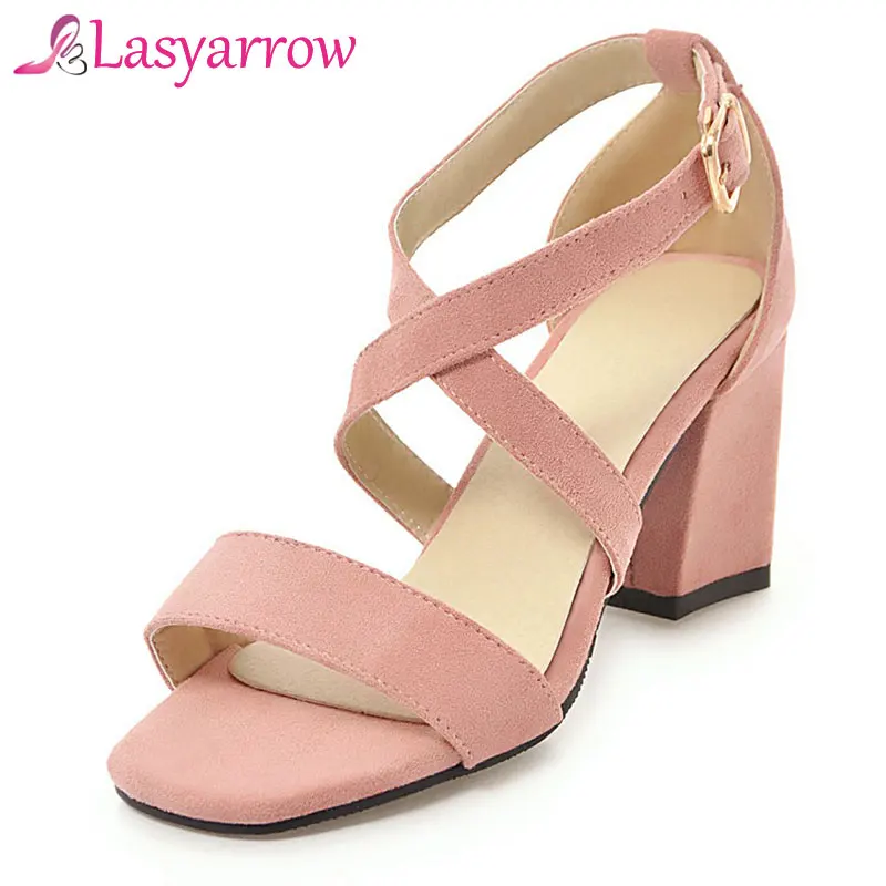 

Lasyarrow Brand Shoes Woman Flock Gladiator Sandals Women Summer Sandals Thick Heels Buckle Strap Summer Beach Women Sandals