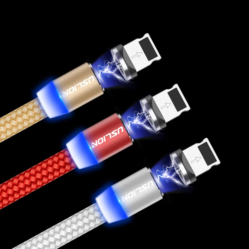 USLION 1 м светодиодный магнитный кабель и Micro USB Type C Магнитный зарядный для Samsung S10 iPhone Xs Max XR X 8 7 6 Plus|Кабели