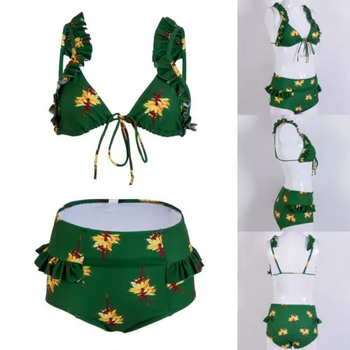 New Style Women Bikini Set Bandage Beachwear Push-up Padded Swimsuit Floral Print Bathing Suit High Waist Green Swimwear 2018 | Спорт и