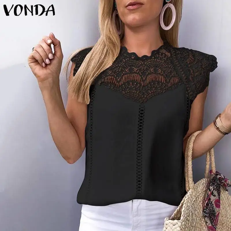 VONDA 2021 Сексуальная Ажурная женская блузка без рукавов кружевная рубашка Офисная