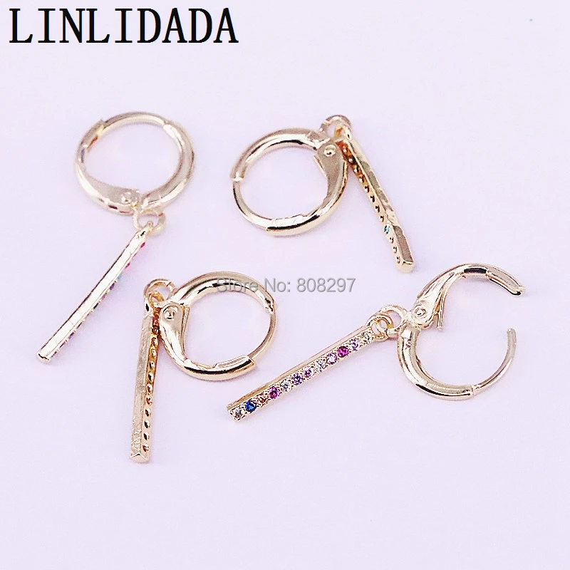 

10Pairs New Arrived Micro Pave rainbow cz colorful thin bar gold color dangle earring for girl /women gift