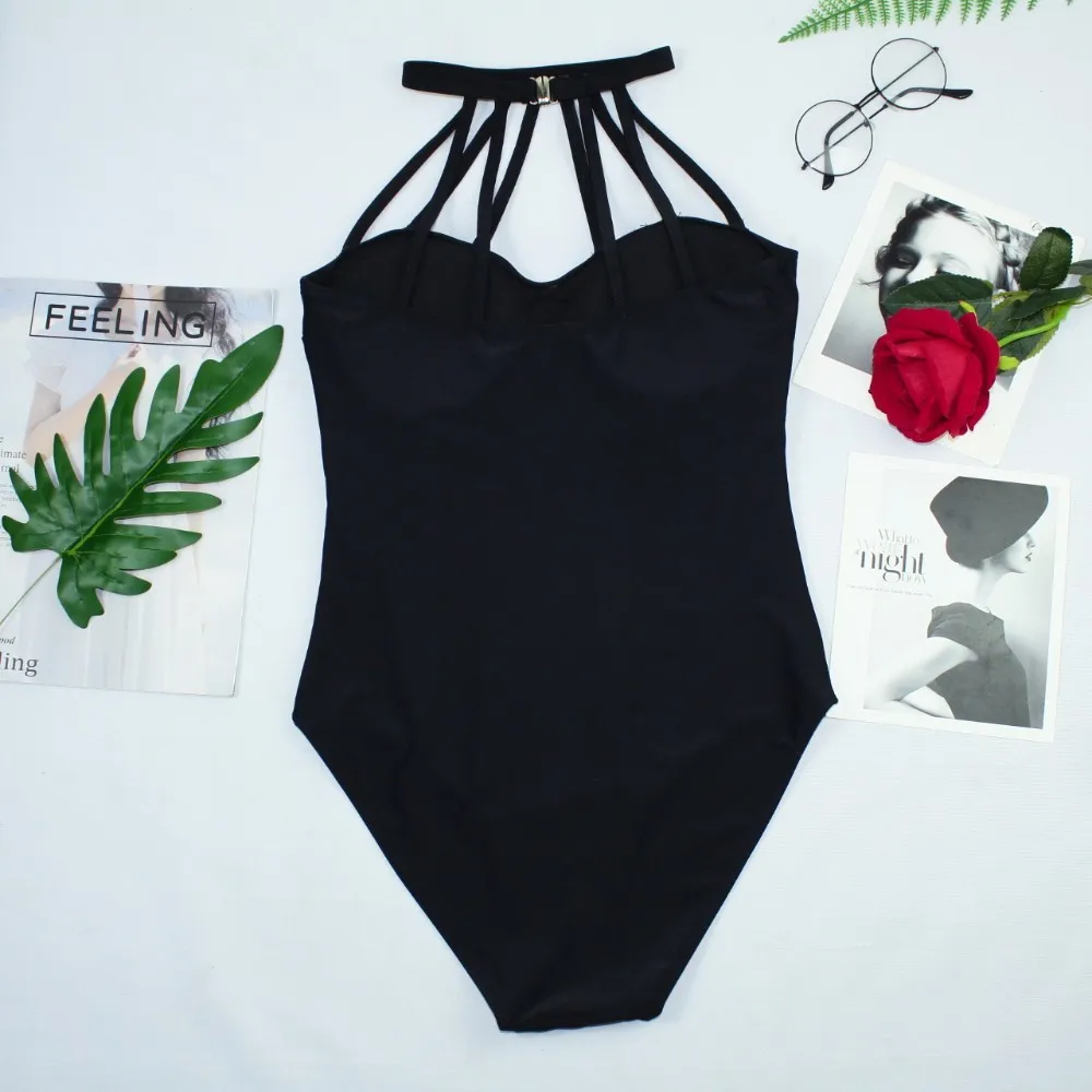 2019 New Swimsuit Europe And America Large Size Hanging Neck Siamese Solid Color Black Fashion Bikini | Спорт и развлечения