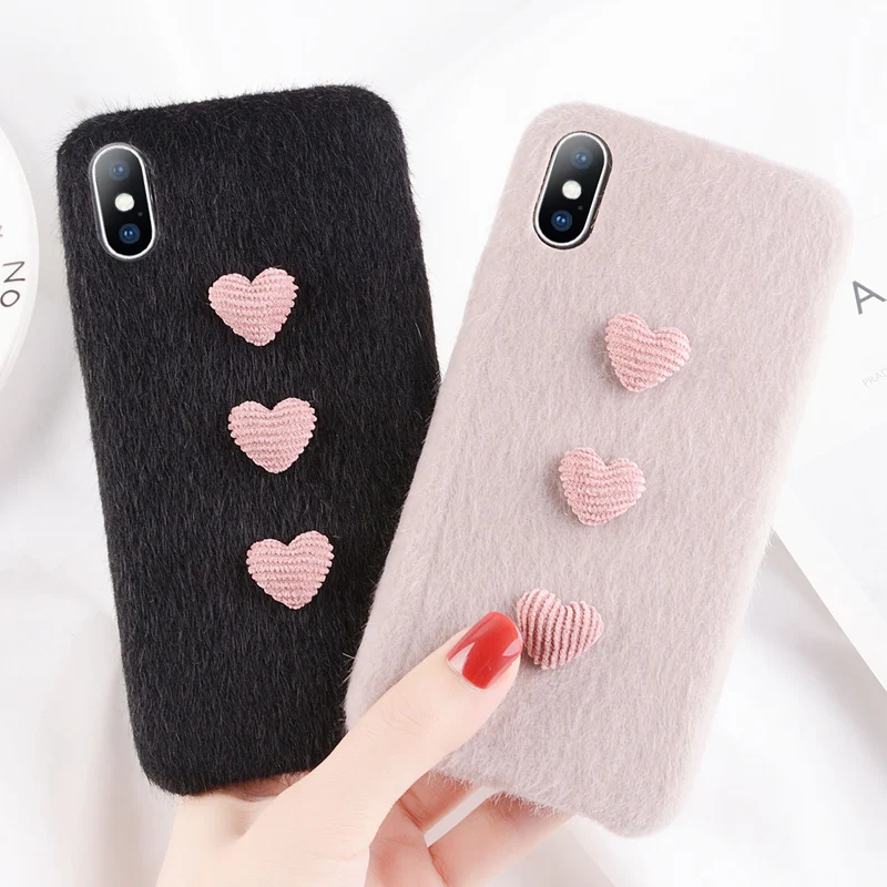 Moskado Plush 3D Love Heart Case For iPhone 6 6S 7 8 Plus X XR XS Max Winter Warm Fur Furry Soft PU Phone |