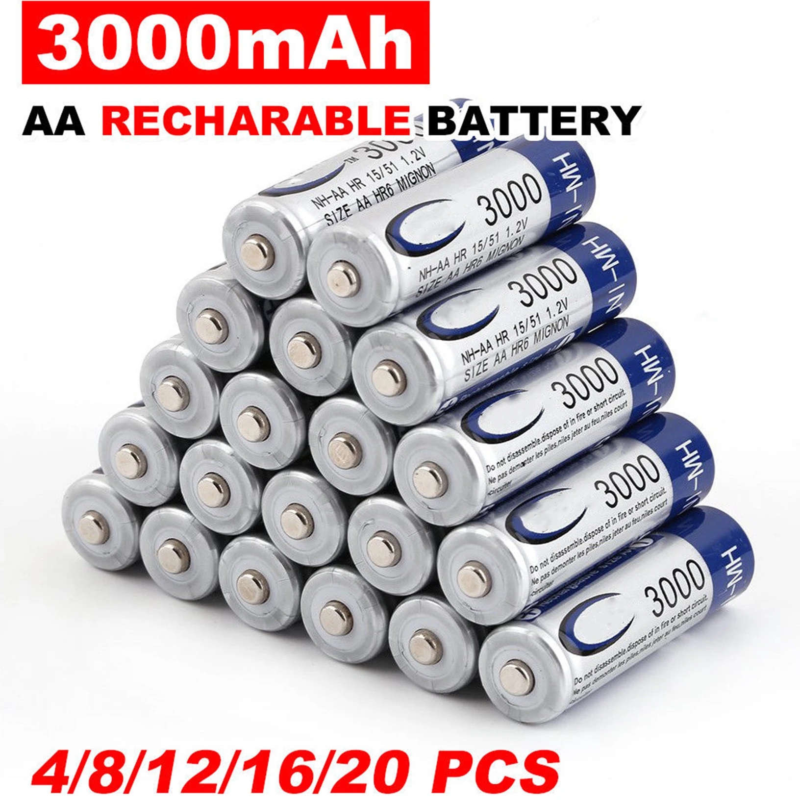 4 20 Новый бренд AA 3000 мАч AAA 1000 перезаряжаемая батарея Ni MH 1 2 в для