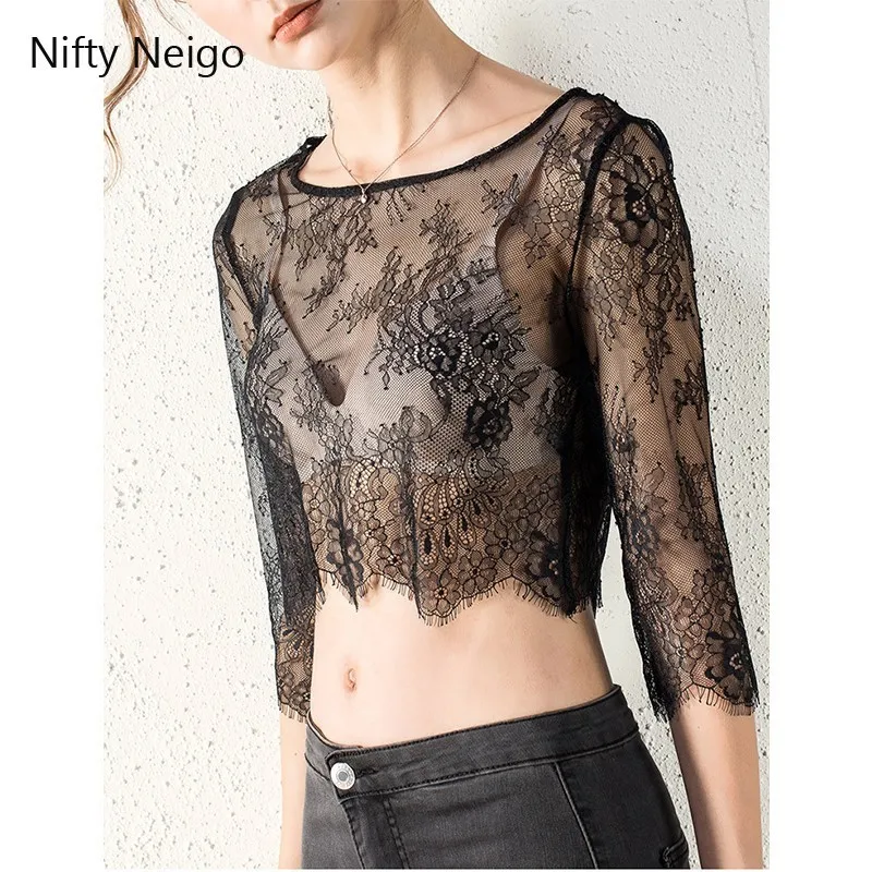Nifty Neigo Harajuku женские футболки с кружевной сеткой прозрачные короткие летняя