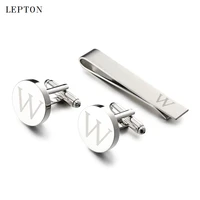 lepton round laser letter cufflinks and tie clips set letters w cuff links for mens french shirt cuffs cufflink relojes gemelos