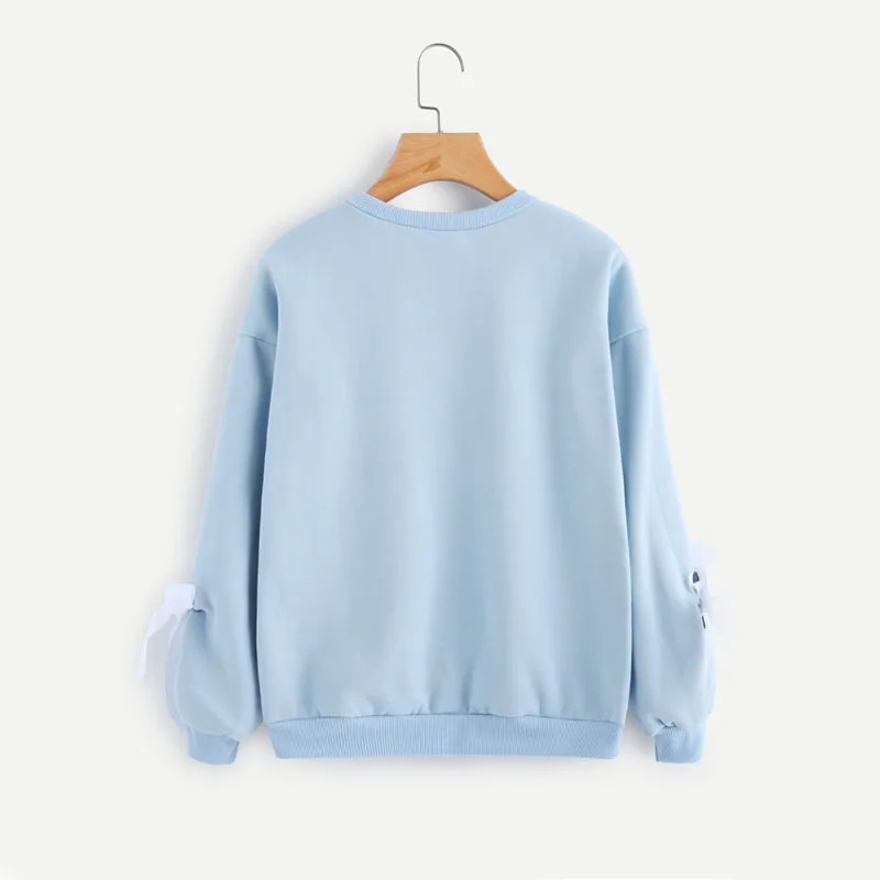 

Autumn Eyelet Tie Sleeve Sweatshirt Ladies Round Neck Casual Top 2019 Blue Women Drop Shoulder Long Sleeve Sweatshirt