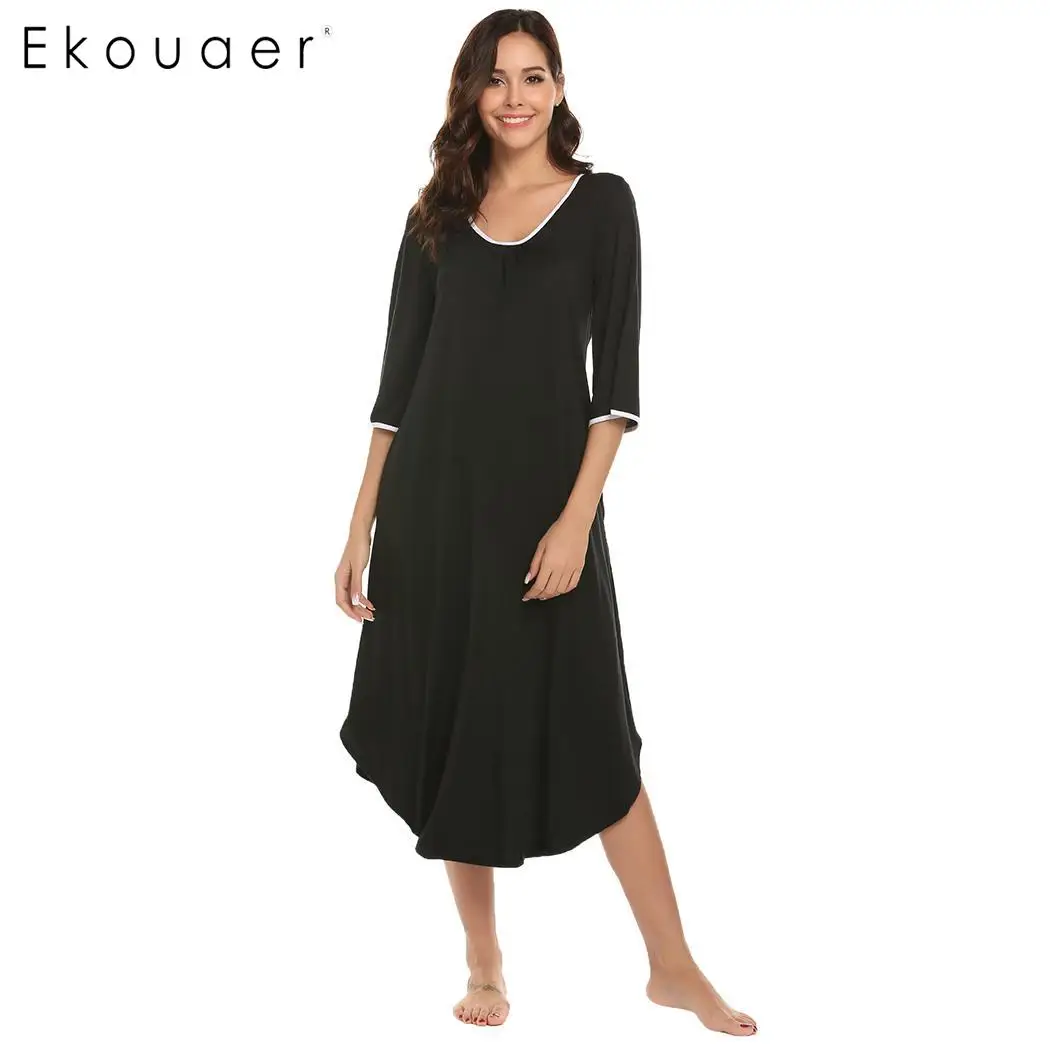 Фото Женская ночная рубашка Ekouaer однотонная сорочка с круглым вырезом и коротким Женская ночная рубашка Ekouaer однотонная сорочка с круглым вырезом и коротким