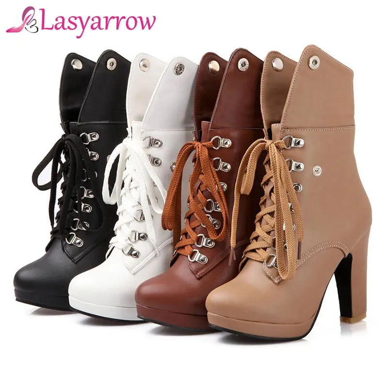 Lasyarrow 2018 Winter High Heels Ankle Women Boots Round Toe Footwear Lace Up Female Shoes Autumn Platform Boot Big Size 31-43 Обувь
