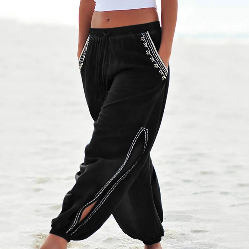 New Women Loose Drawstring Elastic Waist Side Slit Lace Beach Harem Pants Wide Trouser | Женская одежда