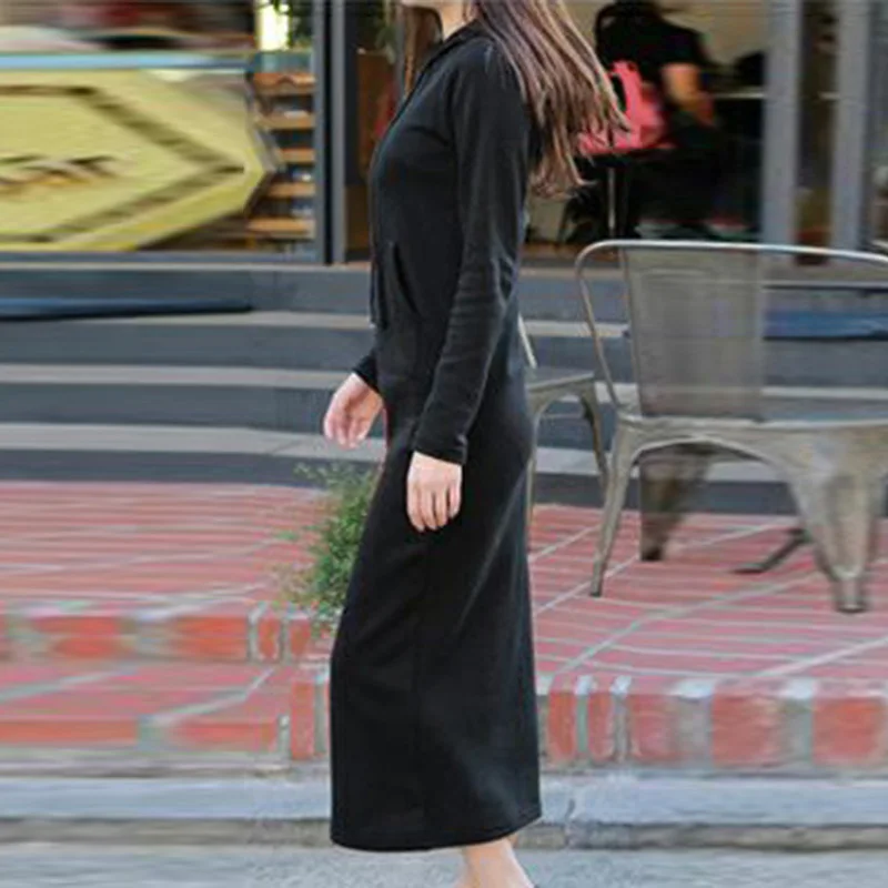 Женское повседневное длинное платье с длинным рукавом капюшоном и карманами |