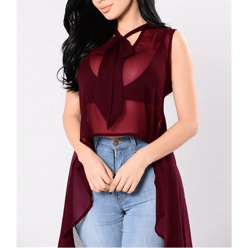 

Women See through Blouse Fashion Perspective Bowknot Mesh Sheer Sleeveless Irregular Asymmetrical Female Casual Shirt Blouses
