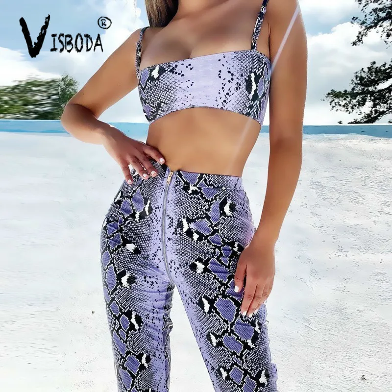 Women Sexy Crop Top And Pants 2 Pieces Set 2019 Fashion Female Purple Snake Skin Printed Bralette Zipper Vest Wide Leg | Женская одежда