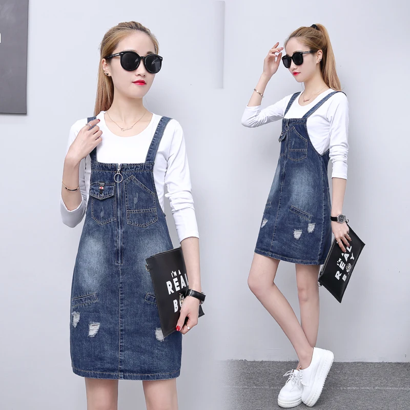 2 piece suits 2019 spring women's fashion new hole pocket denim strap dress students female Casual spaghetti | Женская одежда