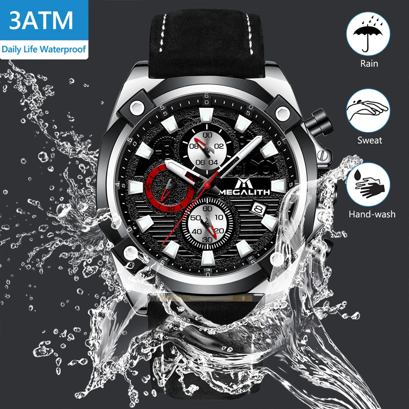 MEGALITH мужские модные часы водонепроницаемые календарь хронограф Черные Кожаные