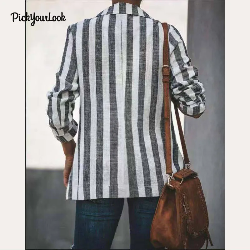 PickYourLook Мода в Вертикальную Полоску Для женщин пальто с длинным рукавом Стильная