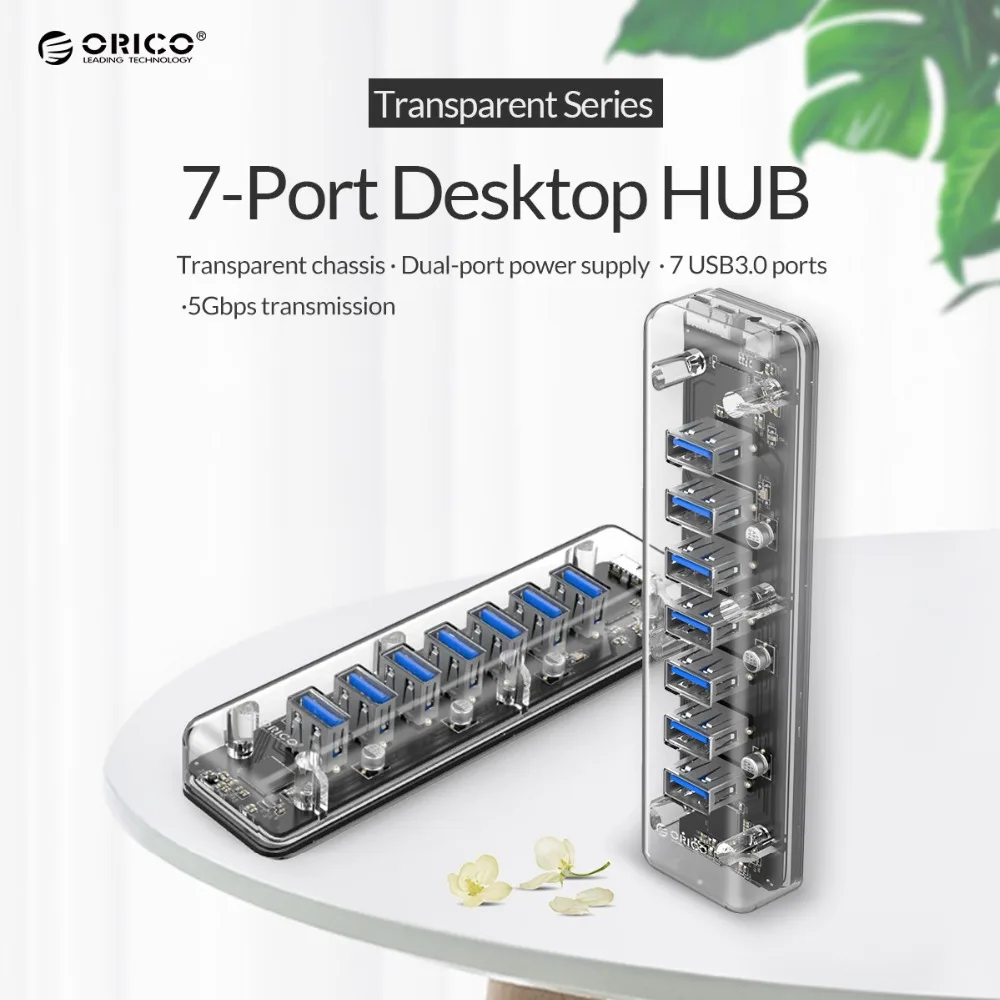 ORICO 7 Ports USB3.0 Transparent Hub Splitter With Dual Micro-USB Power Port 5Gbps 3.0 USB Support Otg For Mac/Windows/Lin | Компьютеры и