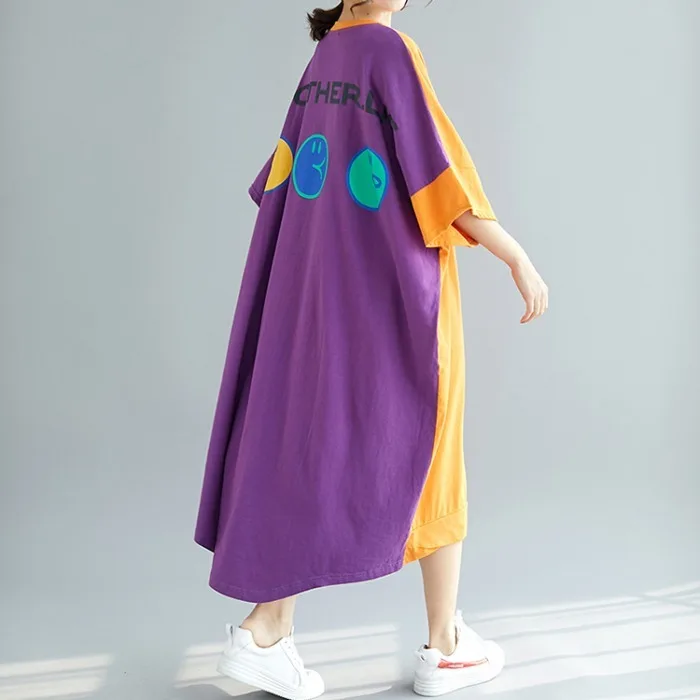 QING MO 2020 Women Color Patchwork Dress O Neck Short Sleeve Slim Oversize Orange Purple Blue ZQY186 | Женская одежда