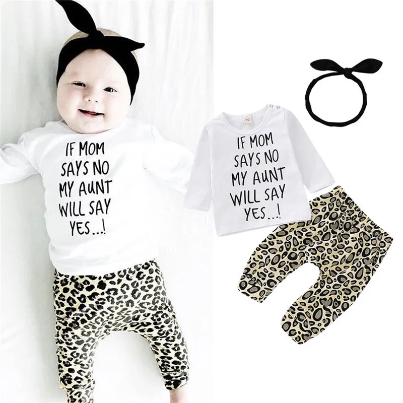 

Toddler Baby Kids Girls Clothes Geometry pullover long sleeve round neck Tops Leopard print Pants Bow Headband 3pc cotton Outfit