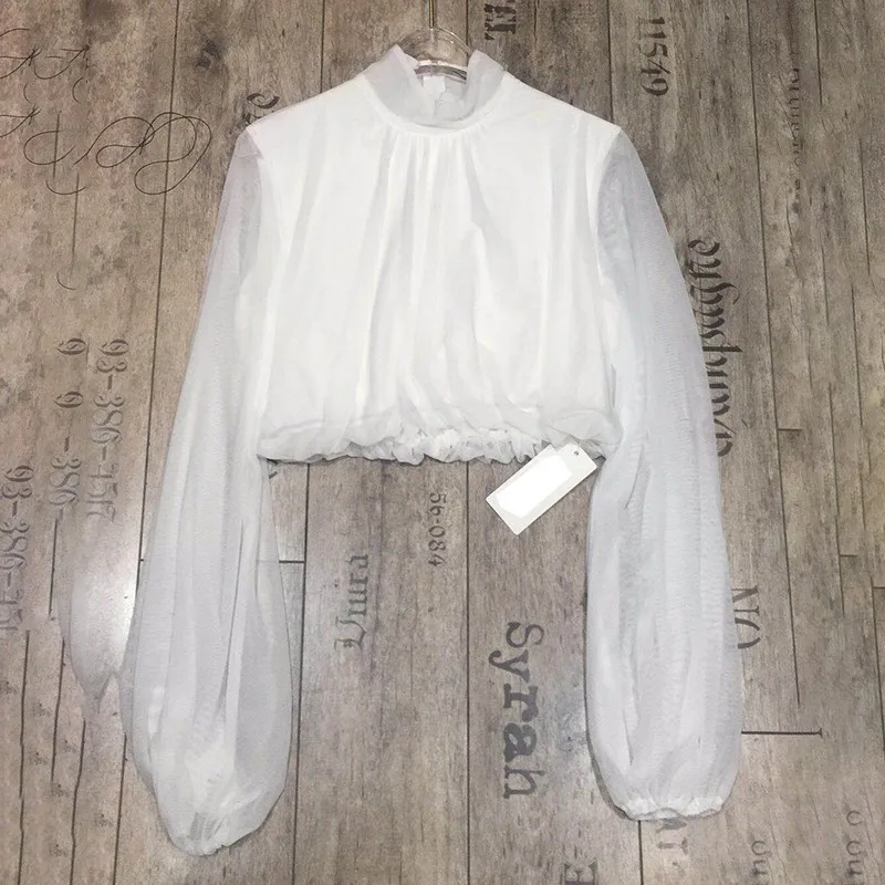 TWOTWINSTYLE элегантный сетки женские футболки Стенд воротник с длинным рукавом белый